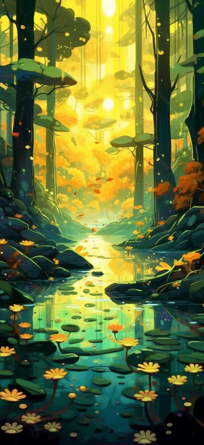 宁静夏天夜晚萤火虫森林树植物河流倒影静谧唯美插画,插画/手绘图,插画/手绘图库,插画/手绘图下载,插画/手绘
